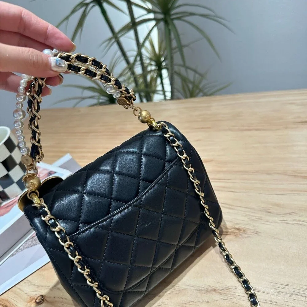 CHANEL MINI SQUARE FLAP BAG WITH PEARL CHAIN